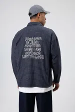 Oversize Baskılı Günlük Kareli Gömlek Lacivert