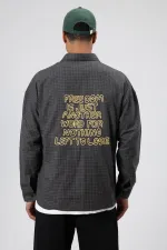 Oversize Baskılı Günlük Kareli Gömlek Füme