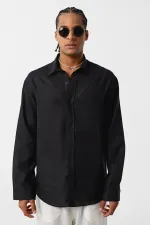 Basic Oversize Uzun Kollu Keten Gömlek Siyah