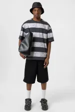 Yıkamalı Şeritli Oversize Tişört Gri - Beyaz