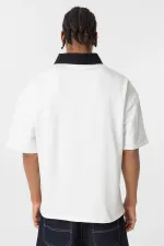 Polo Yaka Oversize Baskılı Tişört Ekru