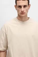 Basic Oversize Bisiklet Yaka Tişört Bej