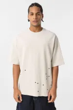 Yıkamalı Metal Detaylı Oversize Tişört Taş