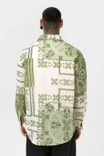 Etnik Desenli Oversize Gömlek Yeşil