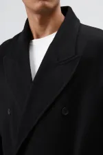 Oversize Kruvaze Kaşe Kaban Siyah