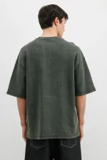 Yıkamalı Yazı Baskılı Oversize Tişört Nefti