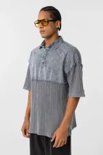Yıkamalı Oversize Polo Yaka Tişört Gri