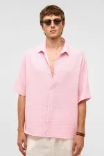 Oversize Kısa Kollu Müslin Kumaş Gömlek Pembe