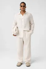 Baggy Fit Müslin Keten Pantolon Naturel