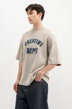 Yıkamalı Yazı Baskılı Oversize Tişört Bej