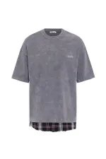 Yıkamalı Oversize Ekose Detaylı Tişört Füme