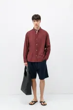 Basic Oversize Pamuk  Keten Gömlek Bordo