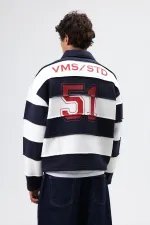 Oversize Şeritli Baskılı Sweatshirt Koyu Lacivert