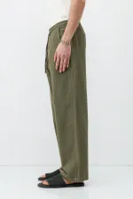 Pantalon ample en lin kaki avec taille élastique