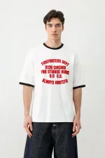 Baskılı Bisiklet Yaka Oversize Tişört Ekru