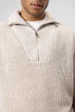 Yarım Fermuarlı Triko Kazak Taş