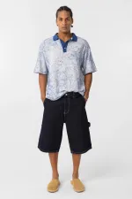 Yıkamalı Oversize Polo Yaka Tişört İndigo