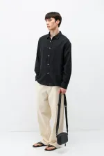 Textured Linen Look Oversize Shirt Black