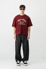 Kısa Kollu Boxy Fit Baskılı Tişört Bordo