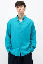 Basic Oversize Pamuk  Keten Gömlek Turkuaz