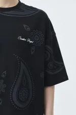 Oversize Desenli Şort Tişört Takım Siyah