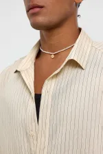 Oversize Çizgili Uzun Kollu Gömlek Bej