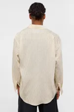 Oversize Çizgili Uzun Kollu Gömlek Bej