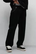 Pileli Zincir Detaylı Baggy Jean Siyah