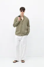 Chemise basique oversize en coton et lin kaki