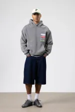 Oversize Yıkamalı Baskılı Kapüşonlu Sweatshirt Füme