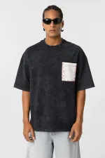 Yıkamalı Cep Detaylı Oversize Tişört Siyah