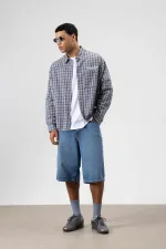 Oversize Kareli Arka Baskılı Uzun Kol Gömlek Gri-Lacivert