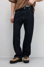 Dikiş Detaylı Relaxed Fit Jean Koyu Mavi