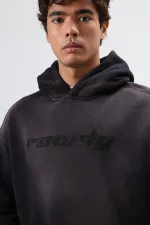 Sweat à capuche noir oversize imprimé et délavé