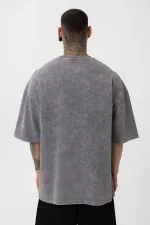 Yıkamalı Cep Detaylı Oversize Tişört Açık Füme