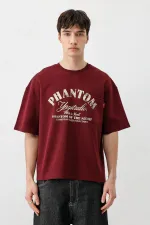 Kısa Kollu Boxy Fit Baskılı Tişört Bordo