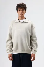 Sweat-shirt oversize à col zippé, beige