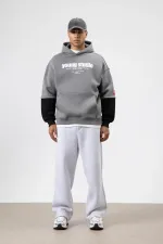 Oversize Baskılı Kapüşonlu Sweatshirt Füme