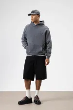 Oversize Washed Print Hooded Sweatshirt Black