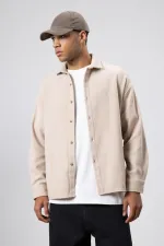 Dokulu Oversize Gömlek Ceket Bej