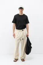 Kemer Detaylı Oversize Keten Pantolon Naturel