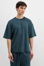 Fitilli Dokulu Oversize Tişört Petrol