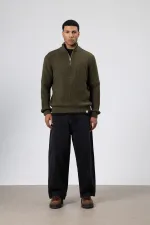 Fermuarlı Örme Triko Kazak Haki