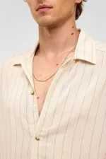 Oversize Uzun Kollu Çizgili Keten Gömlek Vizon