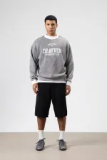Oversize Bisiklet Yaka Baskılı Sweatshirt Gri