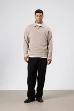 Oversize Polo Yaka Triko Kazak Vizon