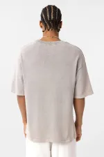 Yıkamalı Oversize Baskılı Tişört Taş