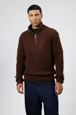 Fermuarlı Örme Triko Kazak Kahve