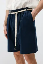 Kemerli Oversize Keten Şort Lacivert