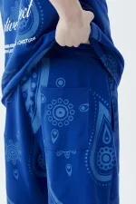 Oversize Desenli Şort Tişört Takım Saks